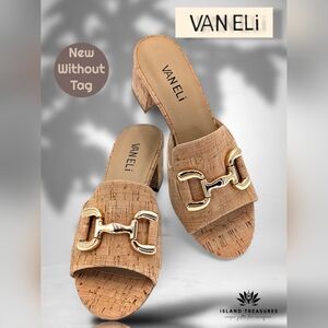NWOT Vaneli Oksana Sz 6M Natural Cork Mules with Gold-Toned Ornament Block Heel